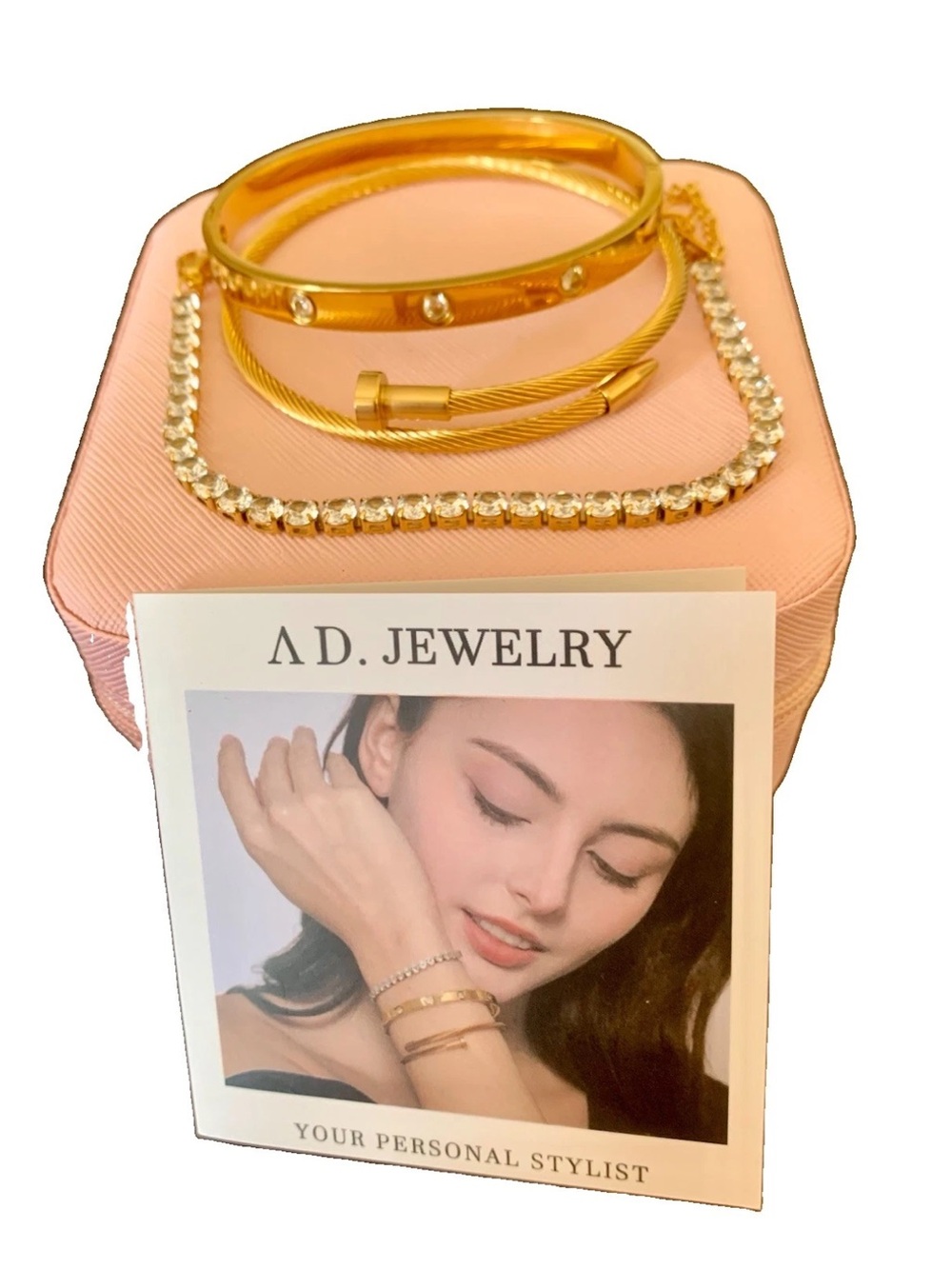 AD. Jewelry Gold Bracelet Set - Sparkling Tennis & Cable Bangles w/Travel Case